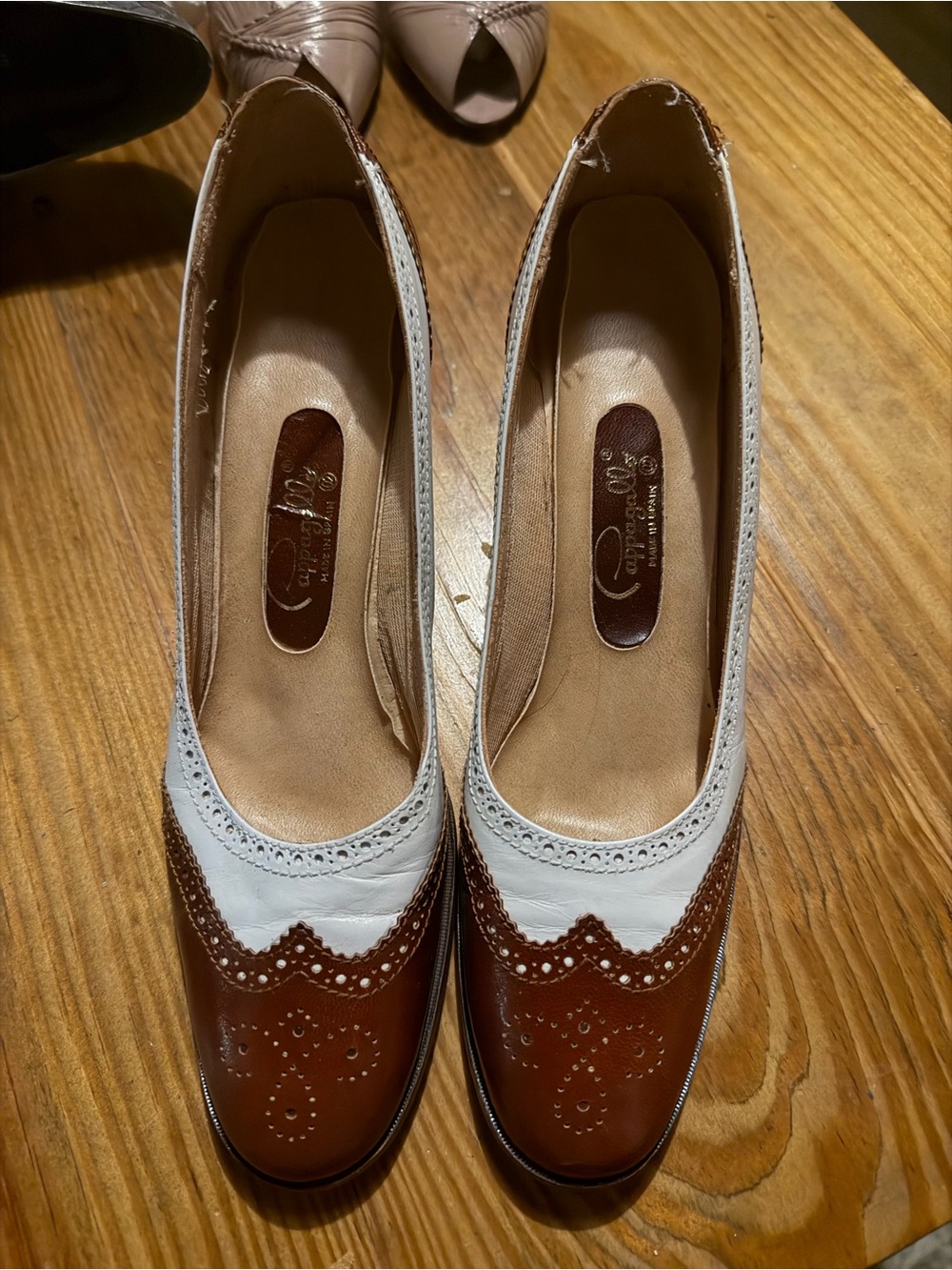 Two-Tone Brown and White Leather Brogue Heels